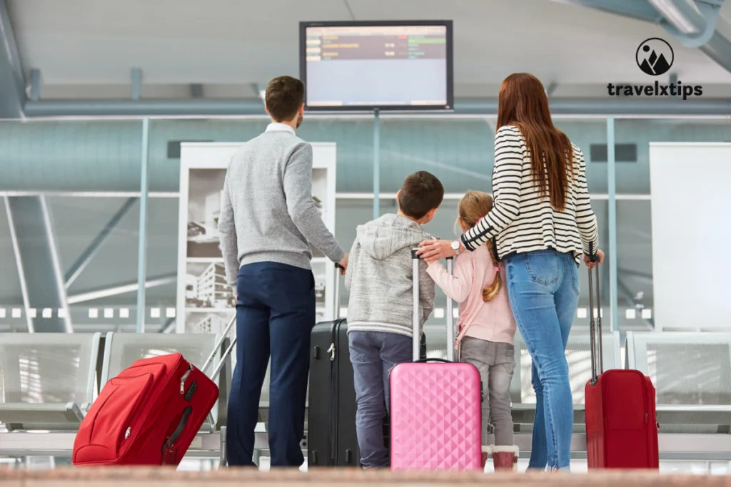 3 travelers standing in wait of flight